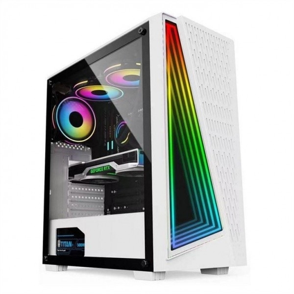 Los ventiladores ARGB compatibles con el efecto túnel del tiempo Dazzle en blanco y negro de 12 cm están disponibles. El panel lateral es de vidrio templado.