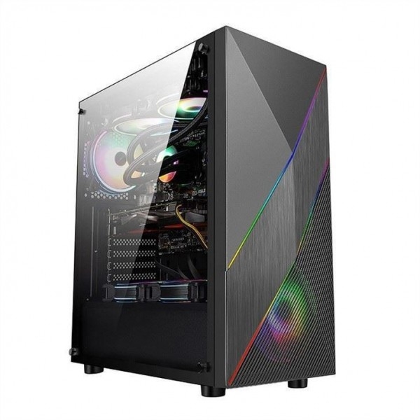 ETEK - PC Mid Tower Case Panel frontal irregular y de malla con banda LED ARGB, Panel lateral de vidrio templado, panel superior de entrada y salida