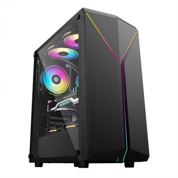 ETEK Casilla de computadora elegante simétrica ARGB LED con banda de vidrio templado Panel lateral de entrada y salida superior con red magnética de polvo