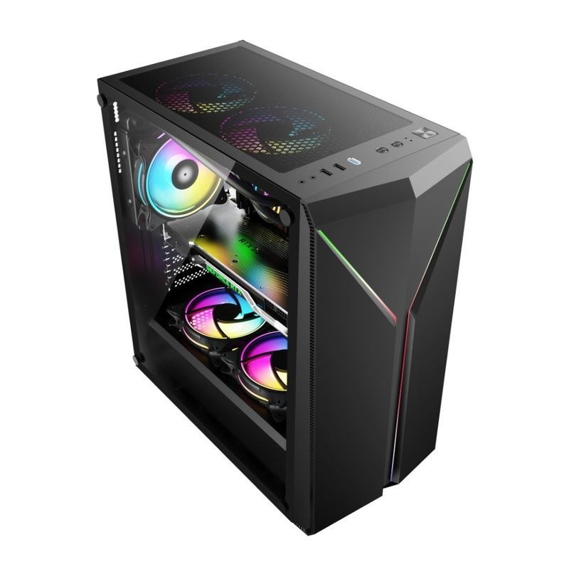 ETEK Casilla de computadora elegante simétrica ARGB LED con banda de vidrio templado Panel lateral de entrada y salida superior con red magnética de polvo