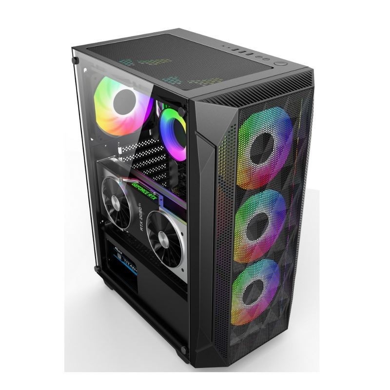 ETEK - ATX/Matx Casilla de computadora Panel de vidrio templado sobre la malla lateral prensada Panel frontal de soporte Radiador refrigerado por agua