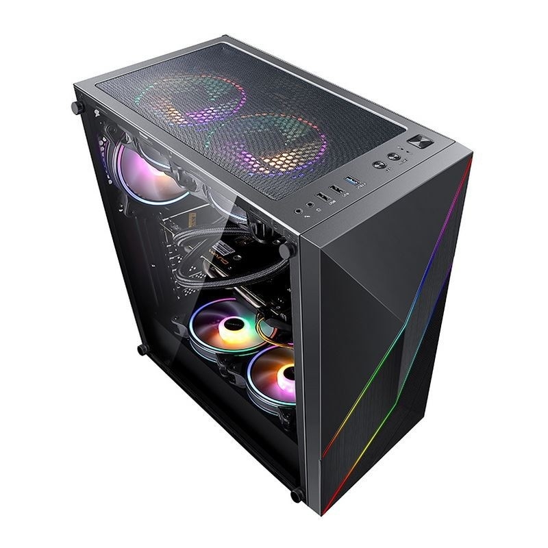 ETEK - PC Mid Tower Case Panel frontal irregular y de malla con banda LED ARGB, Panel lateral de vidrio templado, panel superior de entrada y salida