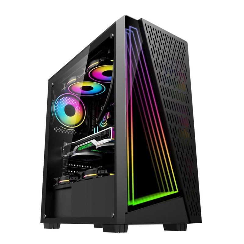 Los ventiladores ARGB compatibles con el efecto túnel del tiempo Dazzle en blanco y negro de 12 cm están disponibles. El panel lateral es de vidrio templado.