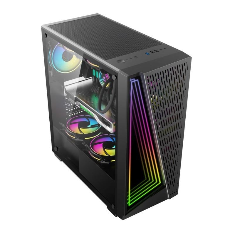 Los ventiladores ARGB compatibles con el efecto túnel del tiempo Dazzle en blanco y negro de 12 cm están disponibles. El panel lateral es de vidrio templado.