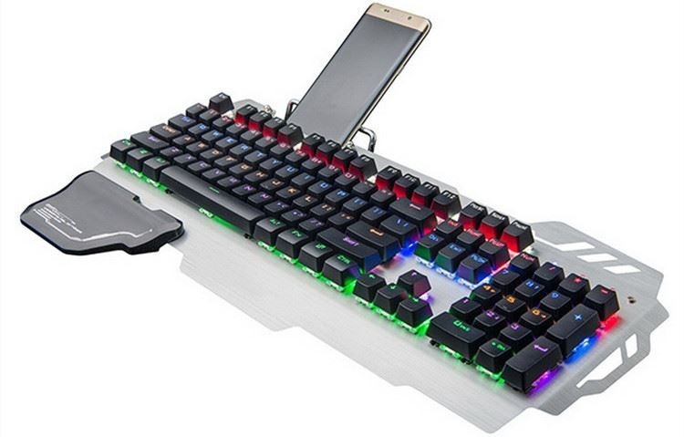 Teclado mecánico de juegos con cable con porta móvil y soporte carpiano eje verde muy rápido