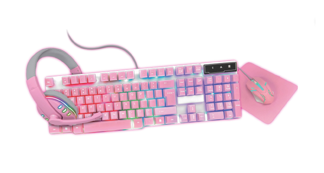 Compacto y ligero teclado de juegos todo rosa con luz estática del arco iris, además de auriculares rosados y ratón.