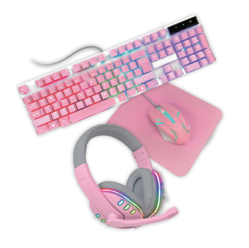 Compacto y ligero teclado de juegos todo rosa con luz estática del arco iris, además de auriculares rosados y ratón.