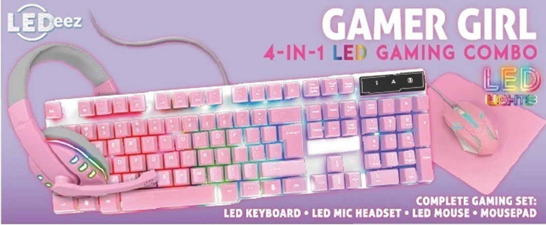 Compacto y ligero teclado de juegos todo rosa con luz estática del arco iris, además de auriculares rosados y ratón.