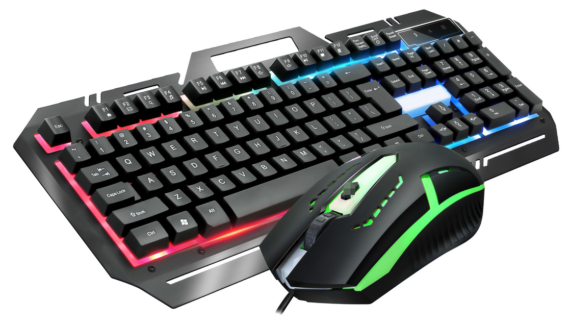 teclado de juego de metal con 104 teclas FN + F1-F12 funciones LED con luz de fondo ratón de juego con DPI ajustable (500-1500) Iluminación RGB