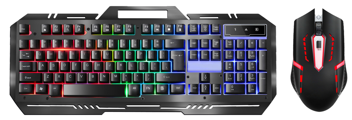 teclado de juego de metal con 104 teclas FN + F1-F12 funciones LED con luz de fondo ratón de juego con DPI ajustable (500-1500) Iluminación RGB