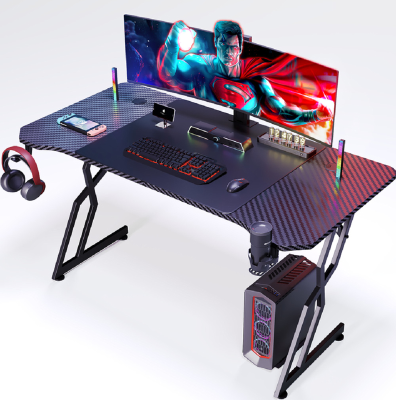 Escritorio de computadora de fibra de carbono con diseño ergonómico con tablero de partículas de 1,2 cm y cubierta de fibra de carbono con soportes para tazas y auriculares
