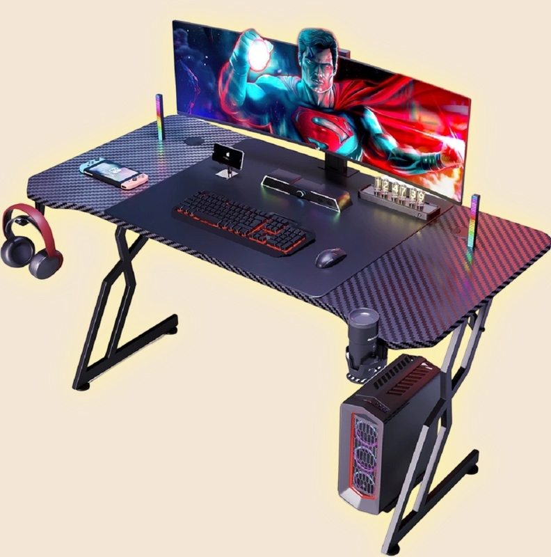 Escritorio de computadora de fibra de carbono con diseño ergonómico con tablero de partículas de 1,2 cm y cubierta de fibra de carbono con soportes para tazas y auriculares