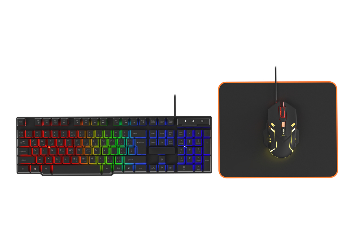 Iluminación estática de color arco iris Teclado de película de carbono de alta gama 6D Ratón de juego con cable con ergonomía Pad de ratón cómodo