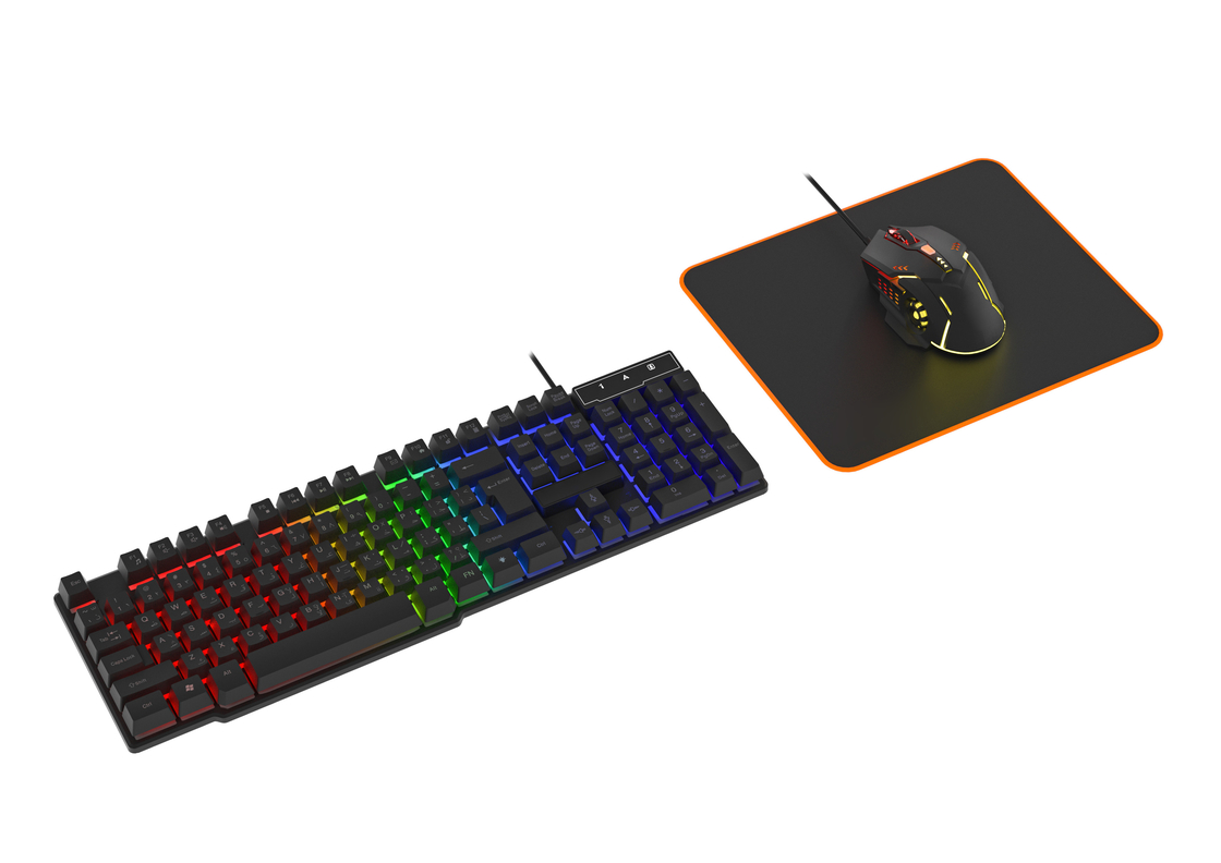 Iluminación estática de color arco iris Teclado de película de carbono de alta gama 6D Ratón de juego con cable con ergonomía Pad de ratón cómodo