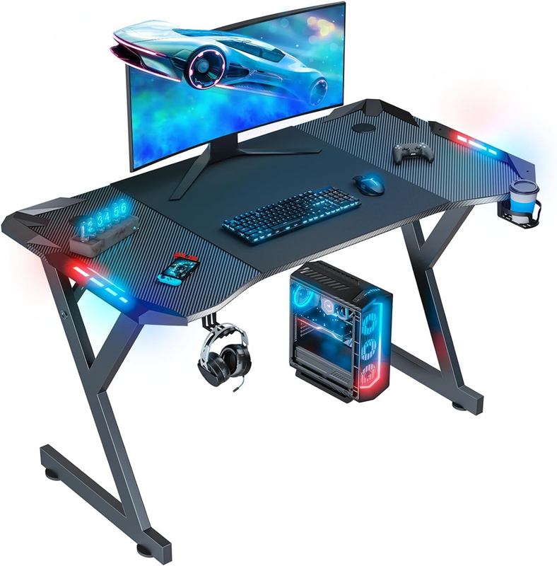 Escritorio de juegos con diseño ergonómico acabado de fibra de carbono luces LED accesorios convenientes para espacios de vida o jugadores
