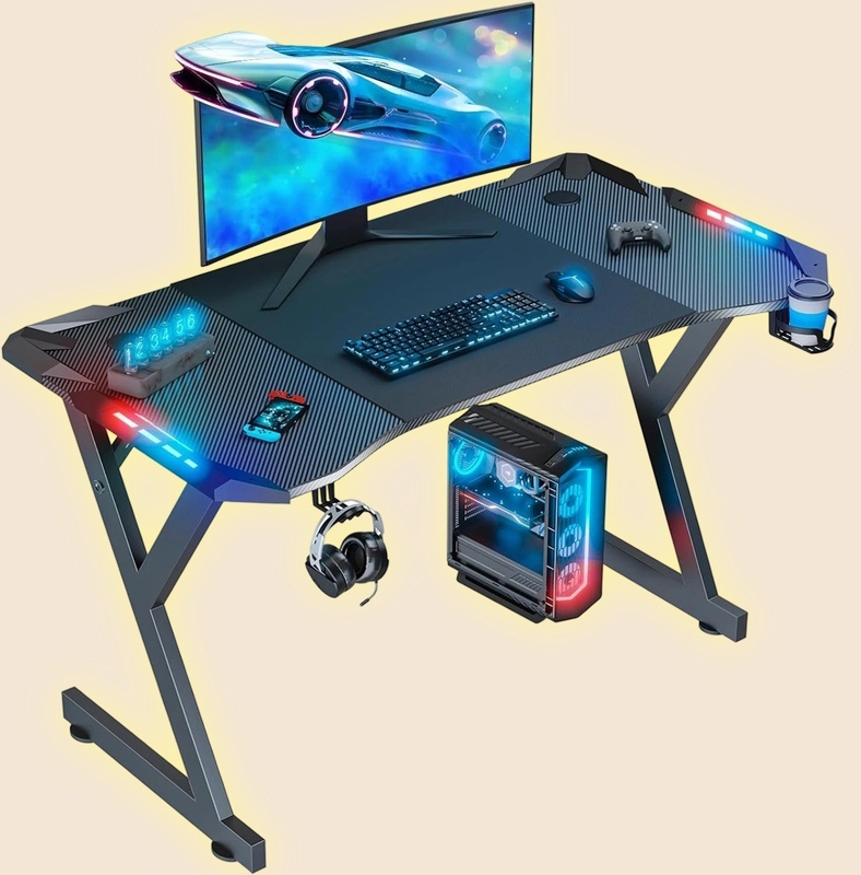 Escritorio de juegos con diseño ergonómico acabado de fibra de carbono luces LED accesorios convenientes para espacios de vida o jugadores