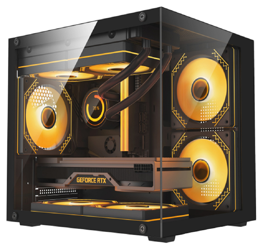 Diseño compacto incluye 1 HDD y 2 SSD 0.35mm SPCC acero 3 x 12cm ventiladores y paneles de vidrio a la izquierda y delante