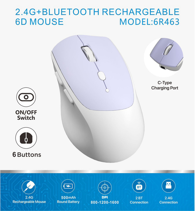 6D, conexión 2.4G, 800-1600 DPI, batería redonda de 500mAh, interfaz Tipo-C. Ideal para trabajadores de oficina, jugadores