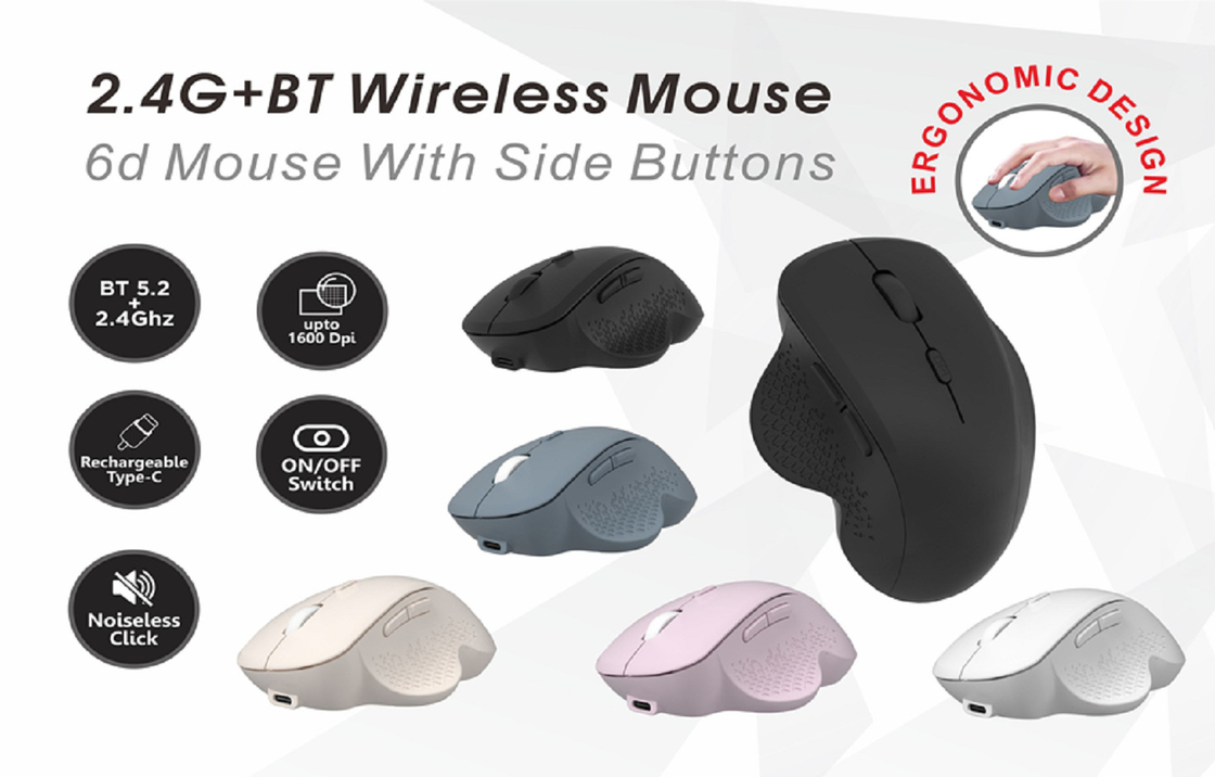 Un ratón 6D con botones laterales.2.4G, Bluetooth 5. ¿Qué quieres decir?2Diseño ergonómico, hasta 1600 DPI, clic silencioso, para trabajadores de oficina, diseñadores, jugadores