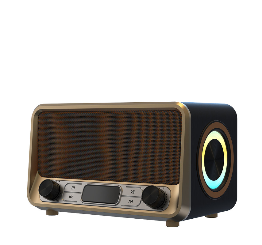 Altavoz inalámbrico multifuncional Construcción de madera y metal Bluetooth 5.0 USB TF AUX TWS FM Radio RGB Luzes LED LED Display
