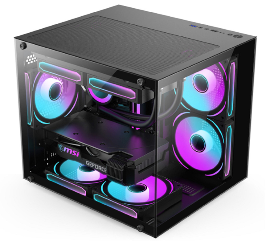 Caso de computadora de diseño panorámico 0.35mm SPCC Acero 5 x 12cm Ventiladores paneles de vidrio a la izquierda y delante para jugadores usuarios de oficina y entusiastas de bricolaje.