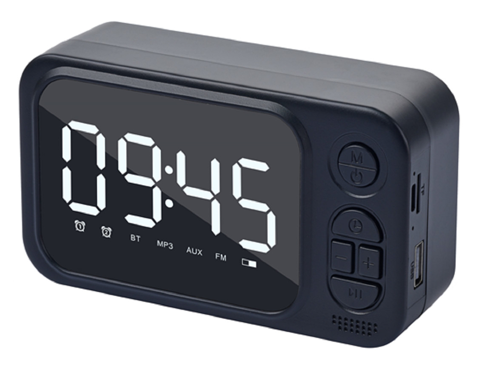 Altavoz de 52 mm, salida RMS de 3W, compatible con Bluetooth, AUX, tarjeta TF, USB, radio FM y reloj, compacto y ligero, 139*78*46 mm