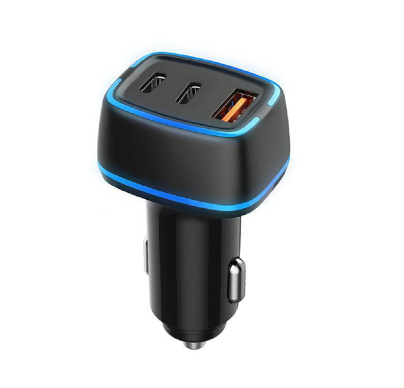 Salida de tres puertos, potencia total de 78W, entrada de 12-24V DC, compatible con carga rápida PD/QC, fabricado con materiales ignífugos ABS+PC