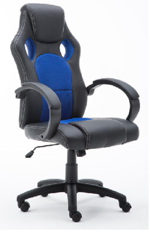 Base de nylon de 320 mm con casters silla de juego 100 mm pintura gaslift apoyabrazos de nylon con acolchado de PU negro PU + malla azul