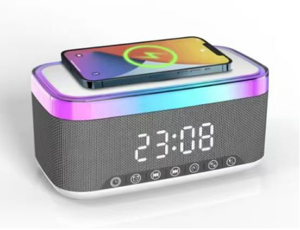 Altavoz Bluetooth soporta carga rápida de 15W Altavoces duales de 52 mm con salida de 10W Batería de litio de 1200mAh Reloj inteligente