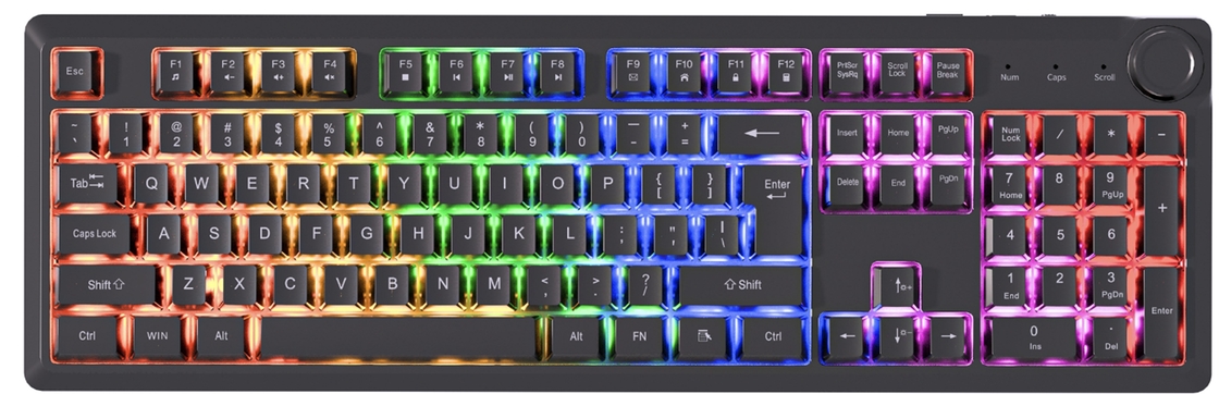 Teclado con cable de 104 teclas, multimedia, teclas FN, retroiluminación arcoíris, ABS + keycaps negros + membrana plateada, cuerpo ligero de 510g