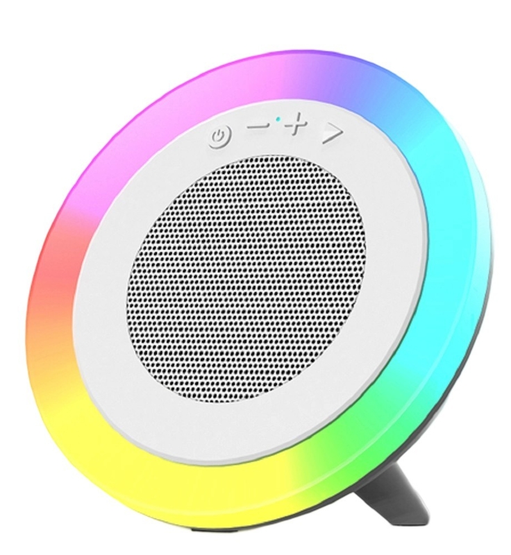Altavoz Bluetooth tri-modo blanco, salida de 5W de 66MM, batería de 1200mAh, soporta reproducción USB/TF/AUX e iluminación RGB
