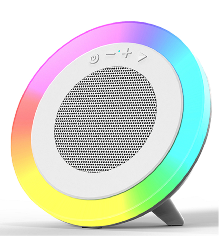 Altavoz Bluetooth tri-modo blanco, salida de 5W de 66MM, batería de 1200mAh, soporta reproducción USB/TF/AUX e iluminación RGB