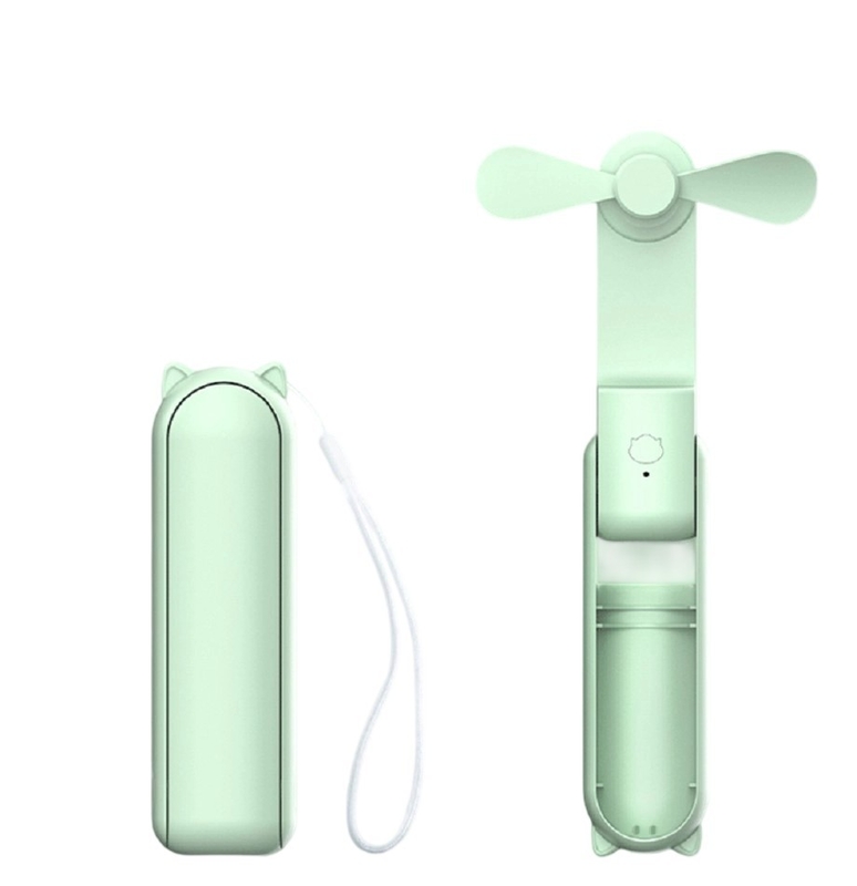 Ventilador ABS verde con componentes electrónicos, batería de 1200 mAh (7-10 horas de funcionamiento), ajuste de 3 velocidades, salida de 5W, diseño ligero de 132g