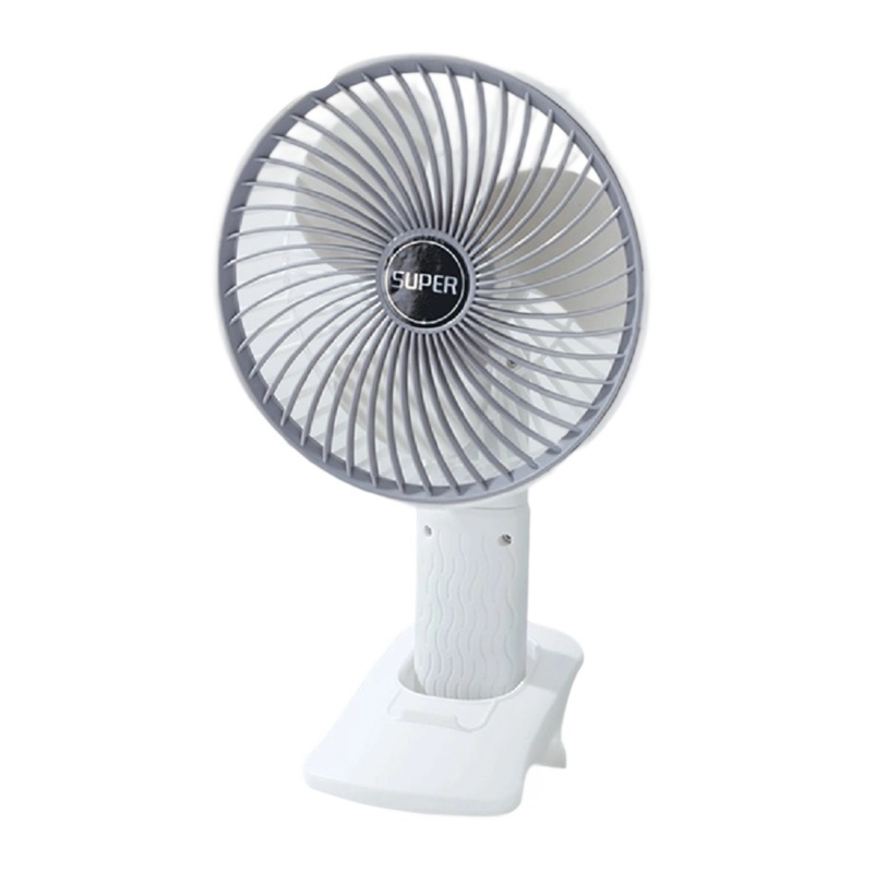 4-en-1 Multi-Posición Fan Gris ((Clip/Hang/Stand/Handheld), dos versiones: Fan de batería con 3 velocidades, Fan de enchufe directo con 1 velocidad.