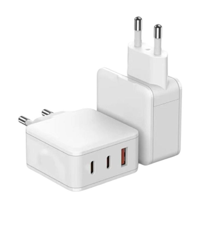 Cargador GaN de tres puertos con salida máxima de 65W Protocolos PD/QC Distribución de energía inteligente 110-240V Negro / Blanco