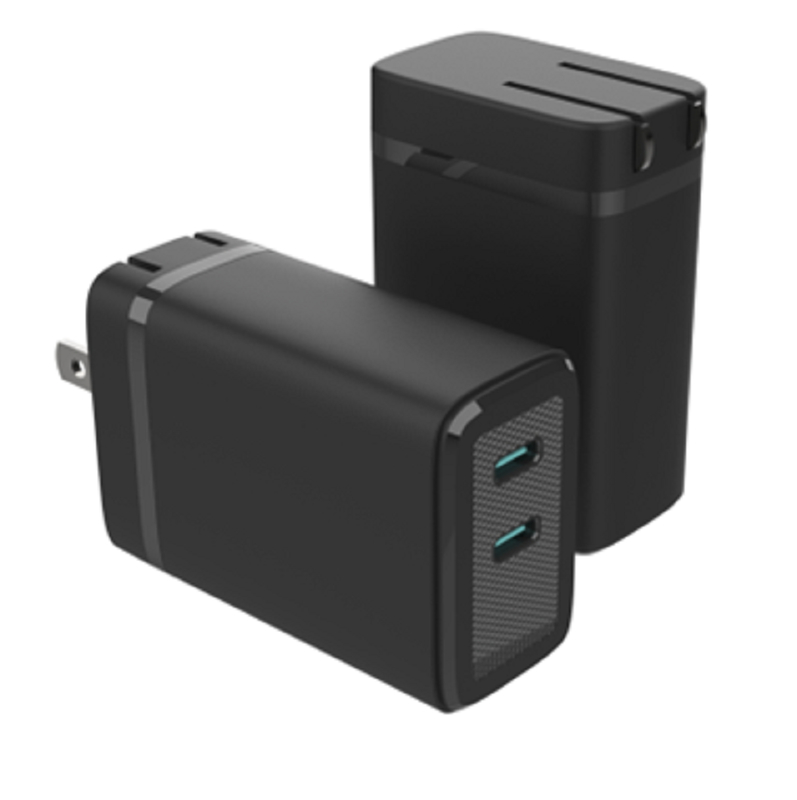 Cargador GaN USB-C dual con salida máxima de 65W PD, multiprotocolo, voltaje global 110-240V, negro / blanco