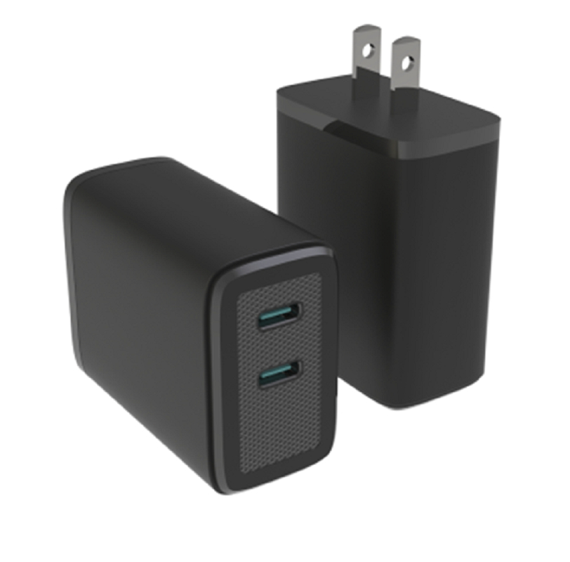 Cargador GaN USB-C dual con salida máxima de 65W PD, multiprotocolo, voltaje global 110-240V, negro / blanco