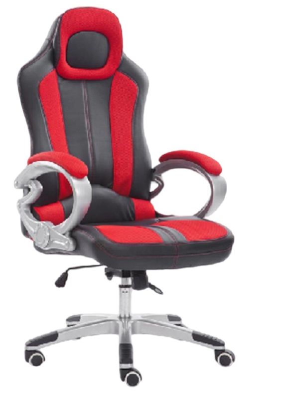 Silla ergonómica con ruedas de PU, base con recubrimiento en polvo, elevador de gas de 100 mm, mecanismo de inclinación, reposabrazos de malla roja/negra