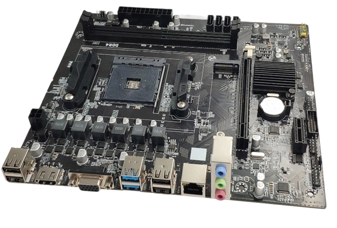 Placa base M-ATX AM4 para CPUs Ryzen3/5, ranuras Dual DDR4, 4 puertos SATA3.0, salidas de pantalla VGA+HDMI y 3 conectores de audio de 3,5 mm