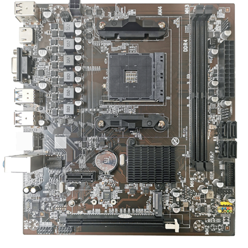Placa base M-ATX AM4 para CPUs Ryzen3/5, ranuras Dual DDR4, 4 puertos SATA3.0, salidas de pantalla VGA+HDMI y 3 conectores de audio de 3,5 mm