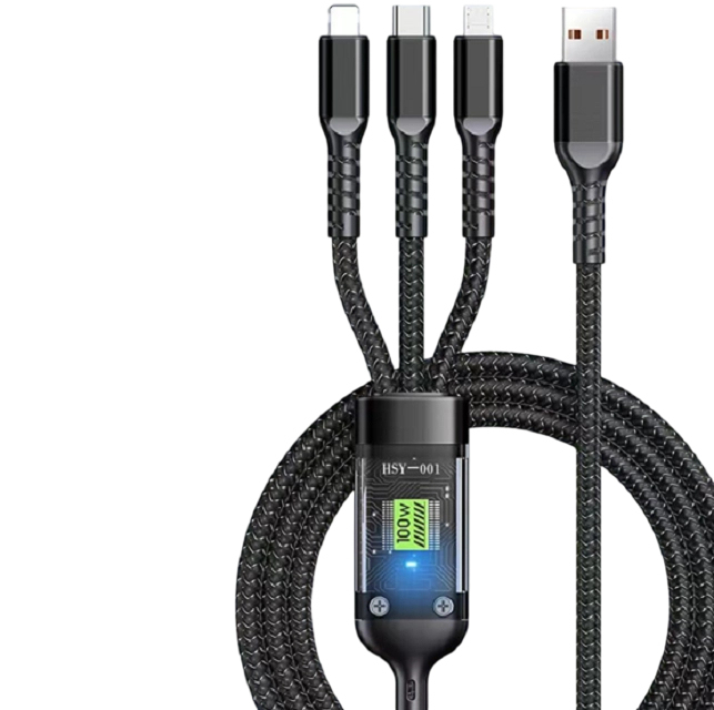 Cable de datos de carga rápida ETEK, 1.2M, TPE, 30AWG*2+10AWG*2, 4 núcleos, Indicador LED, Negro (Colores/Logotipo personalizados)