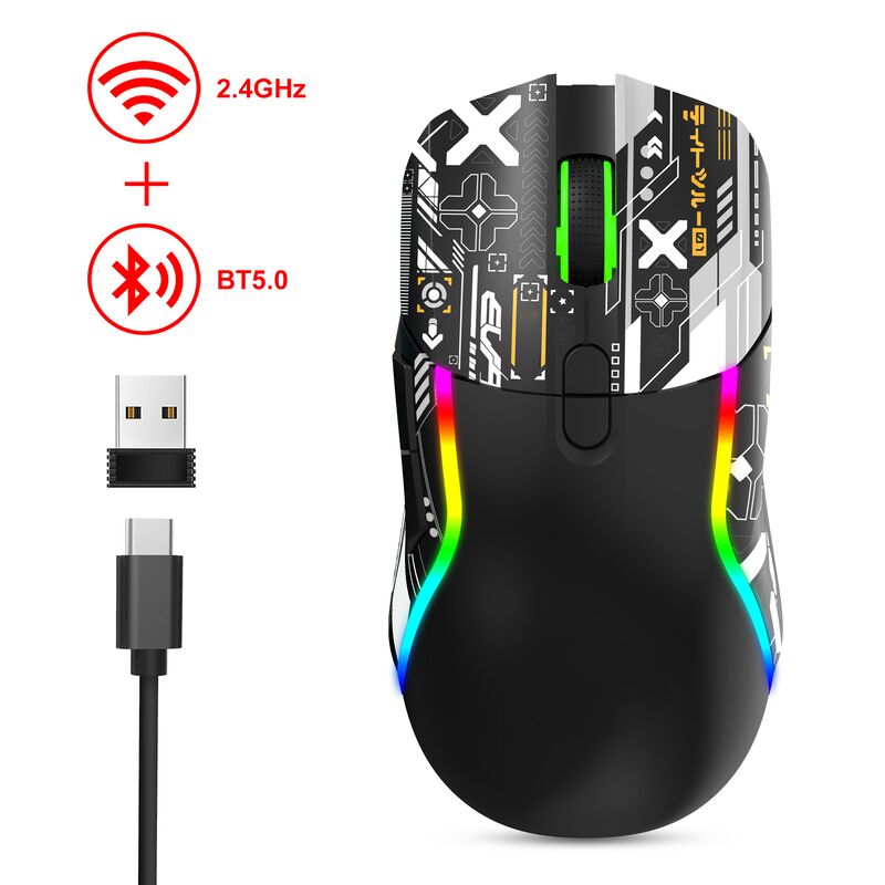 Un ratón de juego RGB inalámbrico de doble modo,2.4G + Bluetooth, 3200 DPI, 8 botones, batería de 600mAh, tipo C recargable, ABS, impresión láser