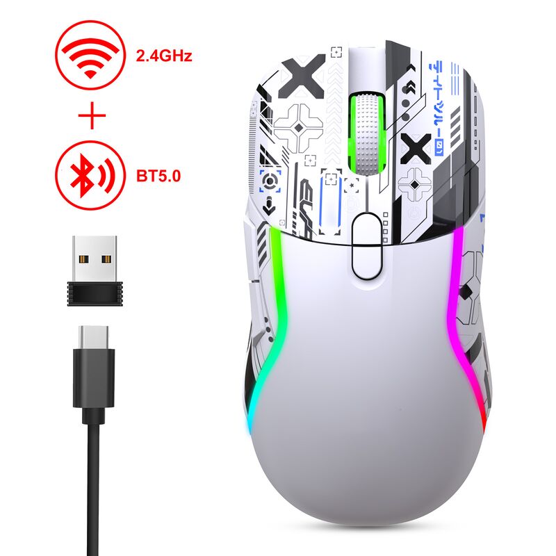 Un ratón de juego RGB inalámbrico de doble modo,2.4G + Bluetooth, 3200 DPI, 8 botones, batería de 600mAh, tipo C recargable, ABS, impresión láser