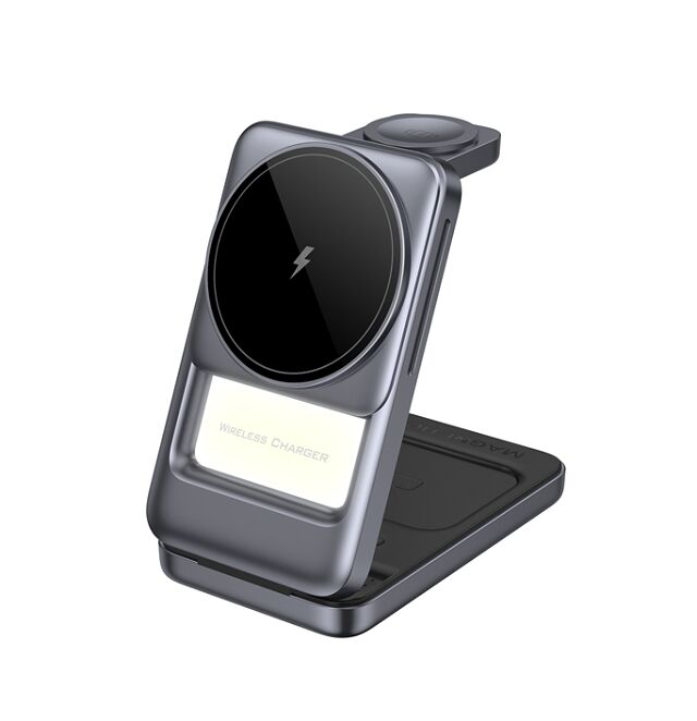 Cargador inalámbrico plegable 3 en 1, Azul/Gris, Plata/Gris, Plástico+Metal, 15W Teléfono, 2.5W Reloj, 5W Auriculares, Luz nocturna
