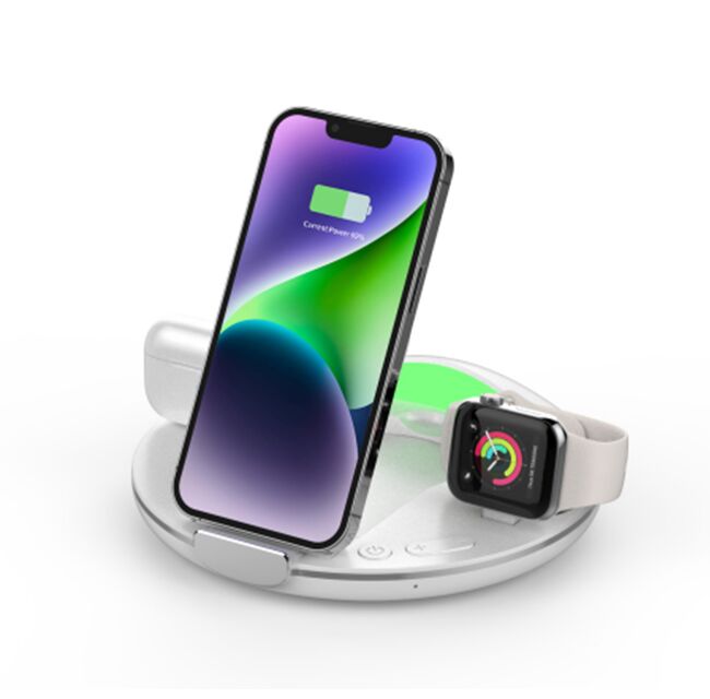 Cargadores inalámbricos magnéticos de 4 en 1 de 15W, teléfono, reloj de 2,5W, cargador de auriculares de 5W, blanco/negro