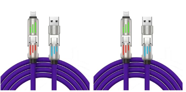 Cable de carga rápida de 50W con luz, C a C / C a Rayo, cobre compuesto de 5 núcleos, conector de aleación de zinc, púrpura (colores personalizados)