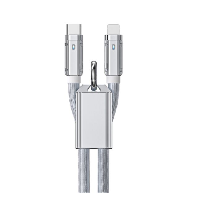 65W/27W Cable de carga rápida trenzado de silicona genuino, de C a C / C a Relámpago,1m, plata, cáscara de aleación de zinc, soporta PD y sincronización de datos