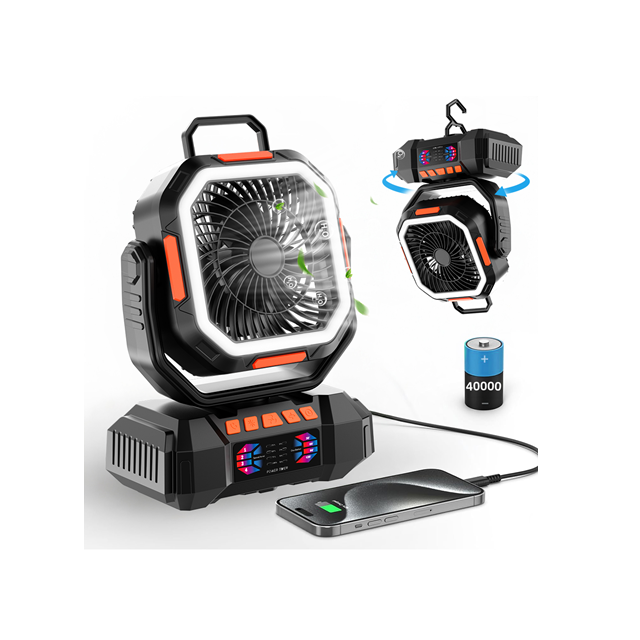 Ventilador de camping de 40000 mAh con oscilación de 720 grados, flujo de aire de 4 velocidades y luz nocturna de 5 niveles, carga rápida de 22.5W, temporizador y control remoto