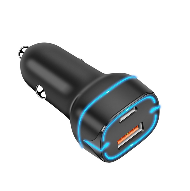 Cargador de coche de doble puerto de 38W, salida real PD20W+QC18W, entrada amplia de 12-24V, LED azul