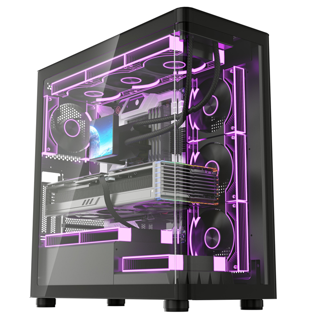 Caja de juegos ATX con frente de vidrio curvo, soporte superior para AIO de 360 mm + GPU de 410 mm, E/S frontal USB 3.0, chasis de torre con panel lateral sin herramientas